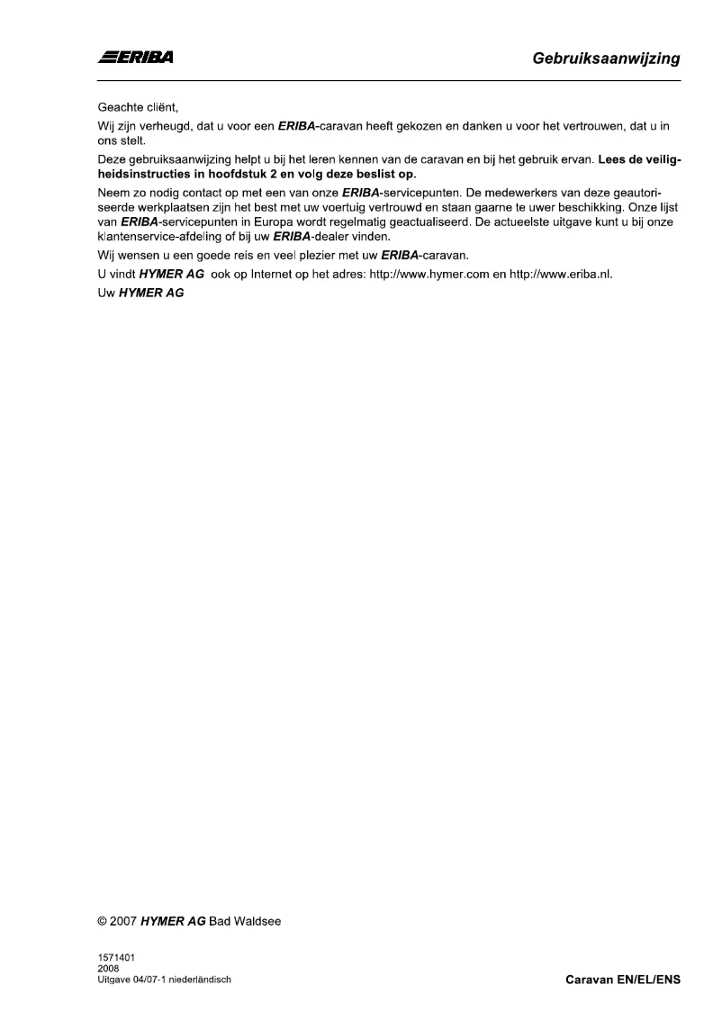 Page 1 de la notice Manuel utilisateur Eriba Nova 530 GL (2008)