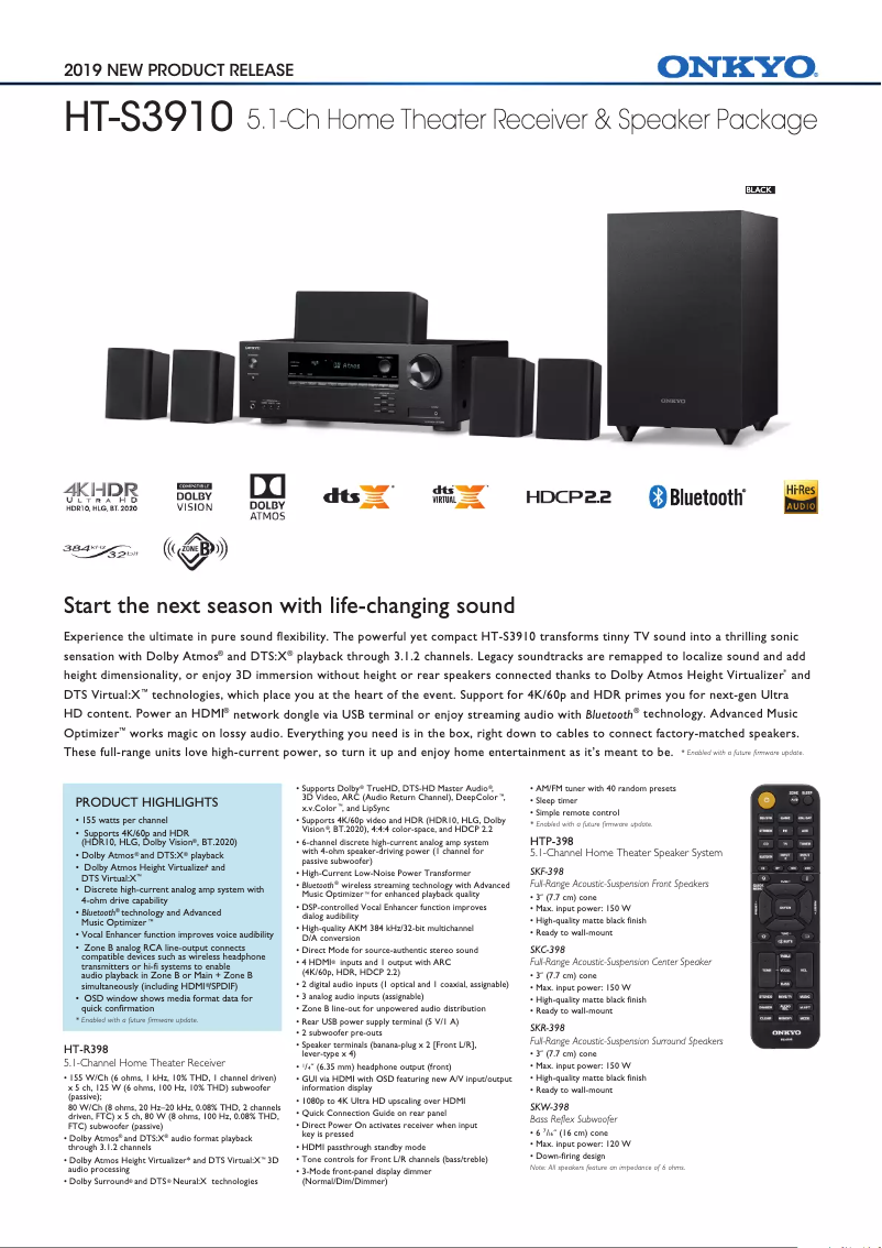 Página 1 del manual Ficha técnica Onkyo HT-S3910