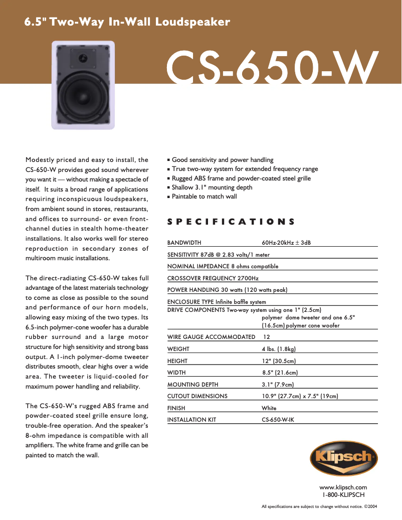 Page 1 de la notice Fiche technique Klipsch CS-650-W