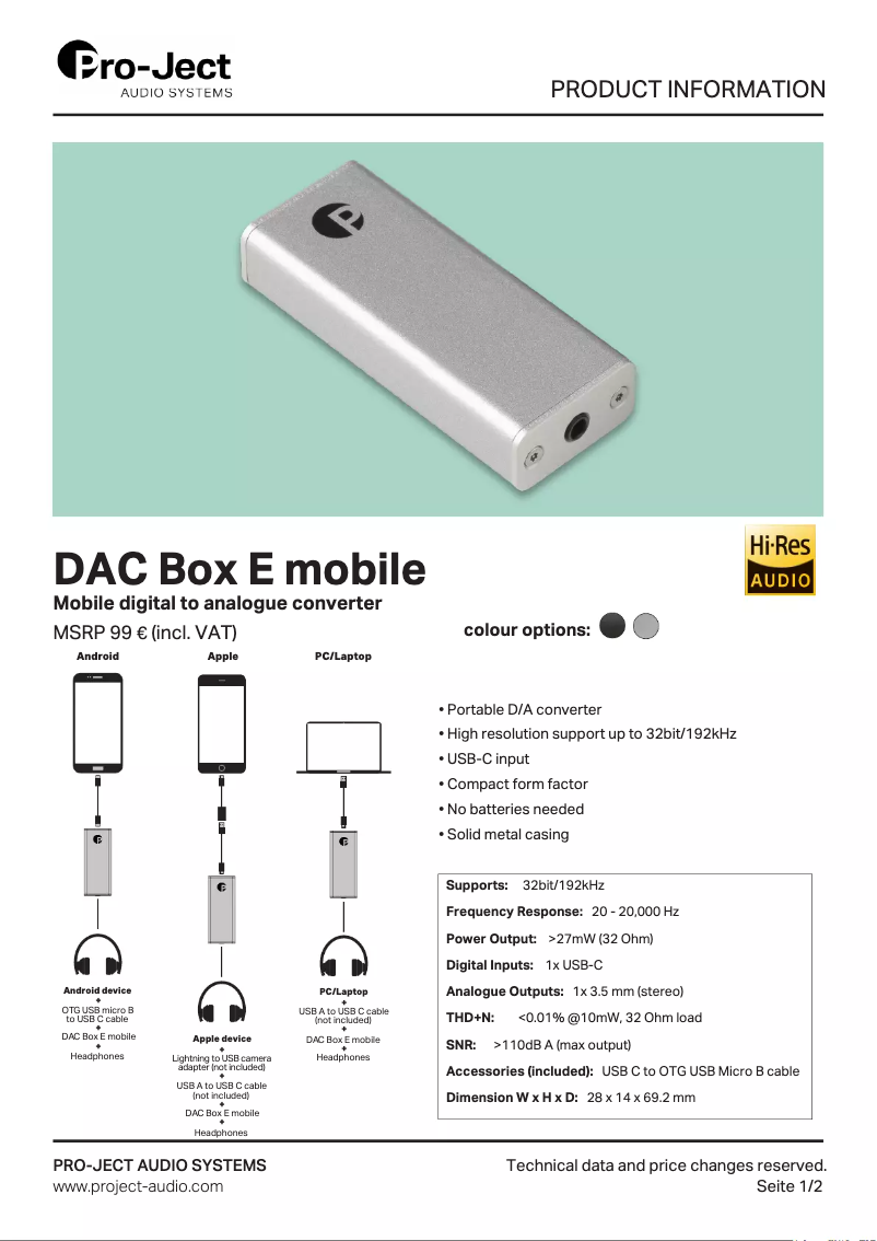 Page 1 de la notice Fiche technique Pro-Ject DAC Box E mobile