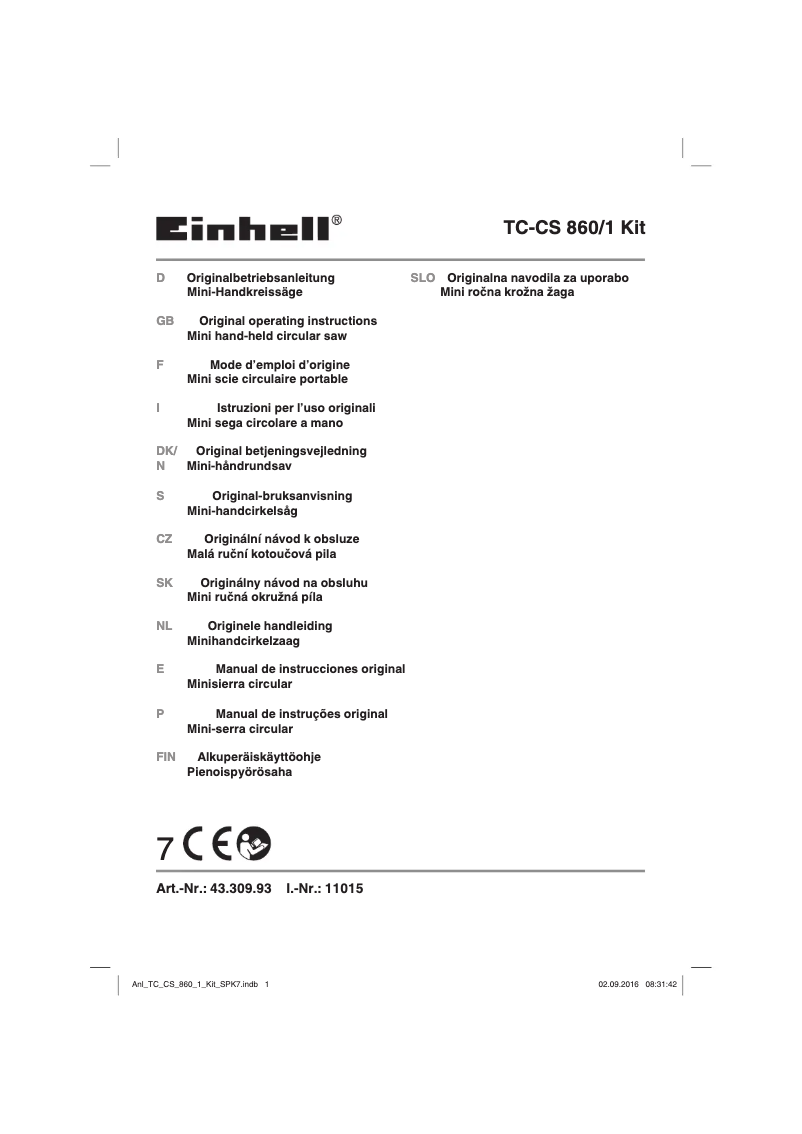 Page 1 de la notice Mode d'emploi Einhell TC-CS 860/1 Kit