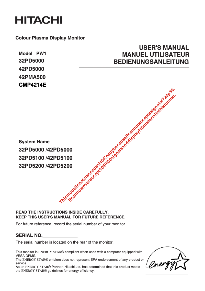 Page 1 de la notice Manuel utilisateur Hitachi 42PD5100