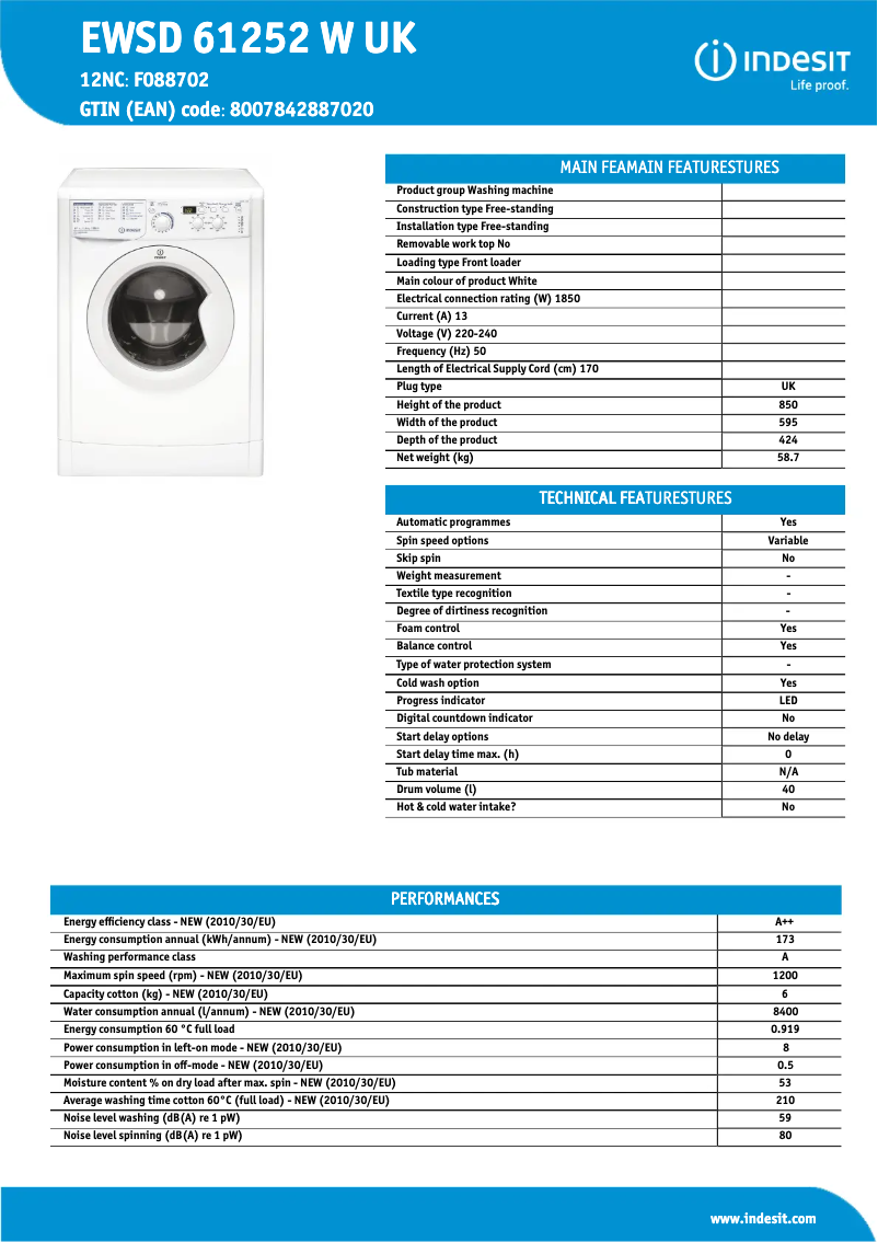 Page n°1 - Fiche technique Indesit EWSD 61252 W UK