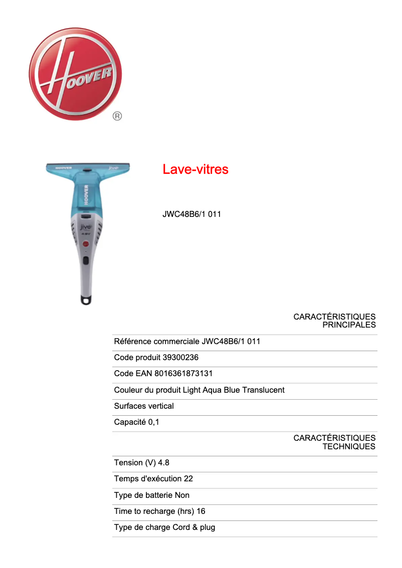 Page 1 de la notice Manuel utilisateur Hoover Jive JWC48B6/1 011