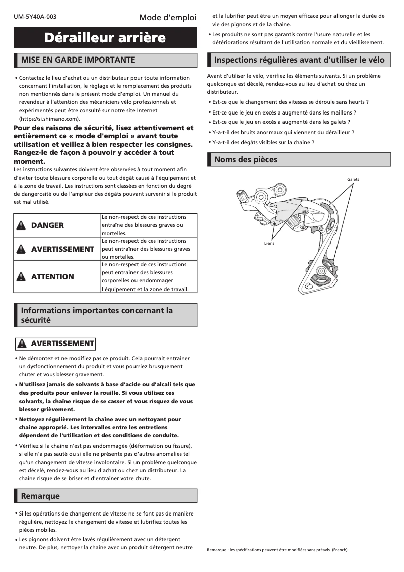 Page 1 de la notice Manuel utilisateur Shimano RD-U5000-SS