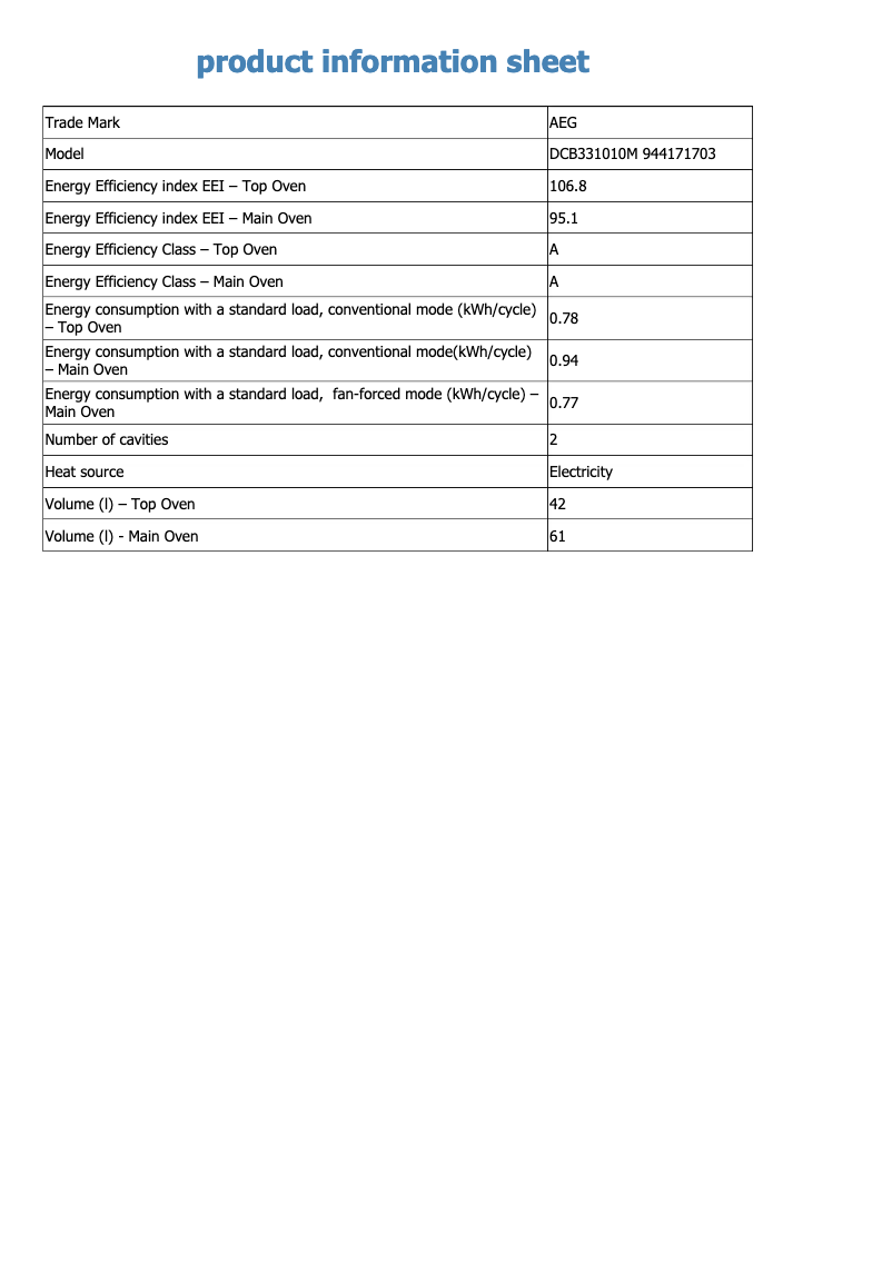 Page 1 de la notice Fiche technique AEG DCB331010M