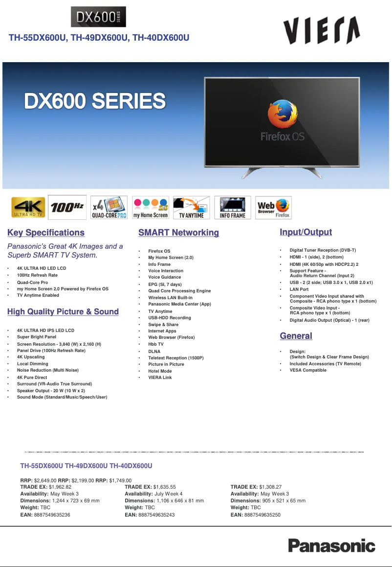 Page 1 of the manual Technical Sheet Panasonic TH-40DX600U