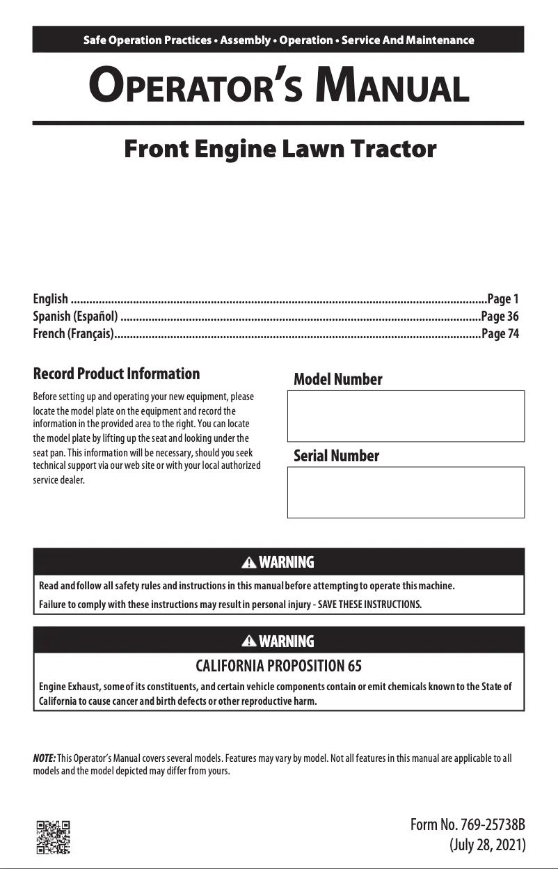 Page 1 de la notice Manuel utilisateur Troy-Bilt Super Bronco 46K FAB XP
