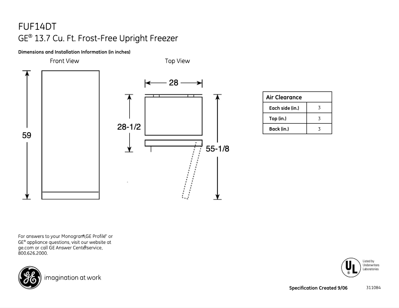 Página 1 del manual Ficha técnica GE FUF14DTRWH