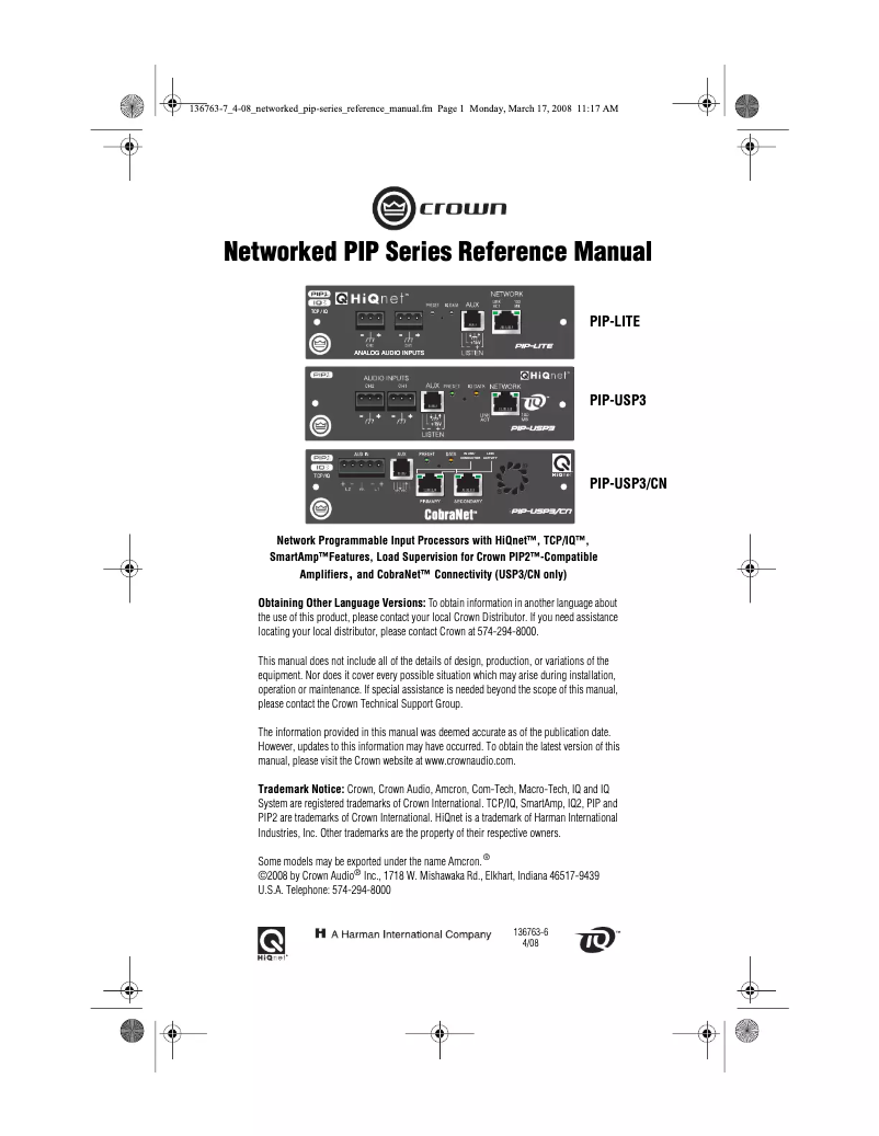 Page 1 de la notice Manuel utilisateur Crown PIP-USP3