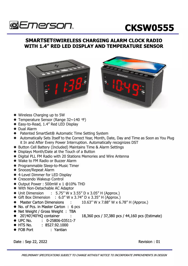 Page 1 de la notice Fiche technique Emerson CKSW0555