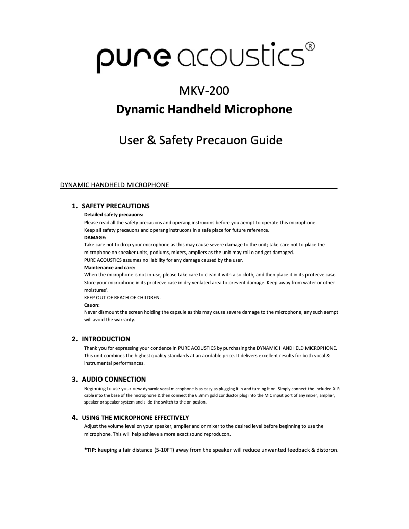 Page 1 of the manual User Manual Pure Acoustics MKV 200
