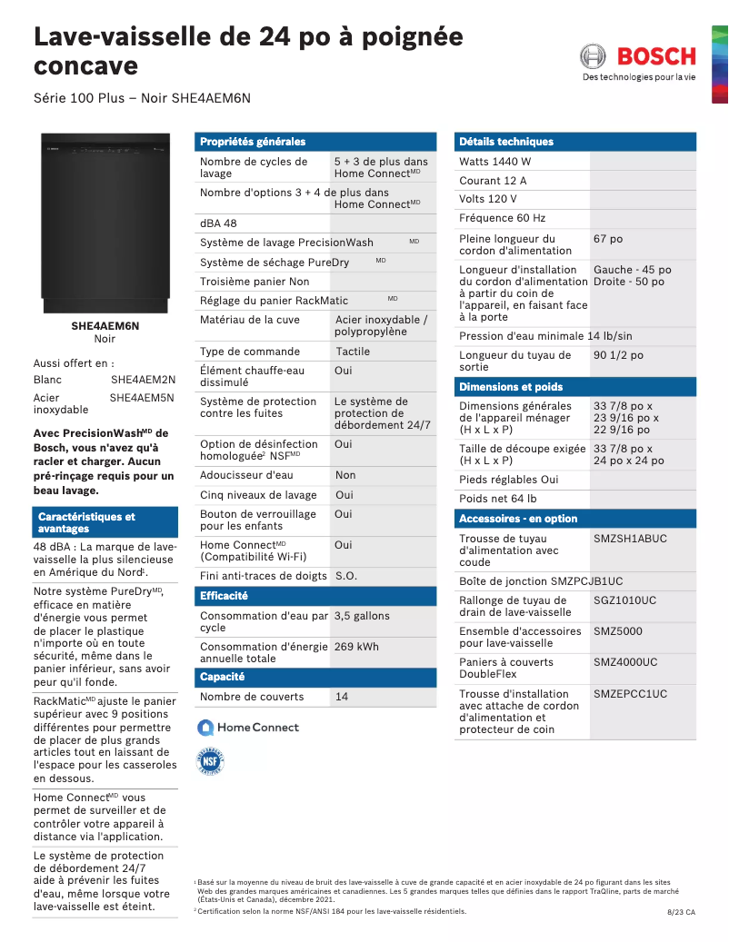 Page 1 de la notice Fiche technique Bosch SHE4AEM6N