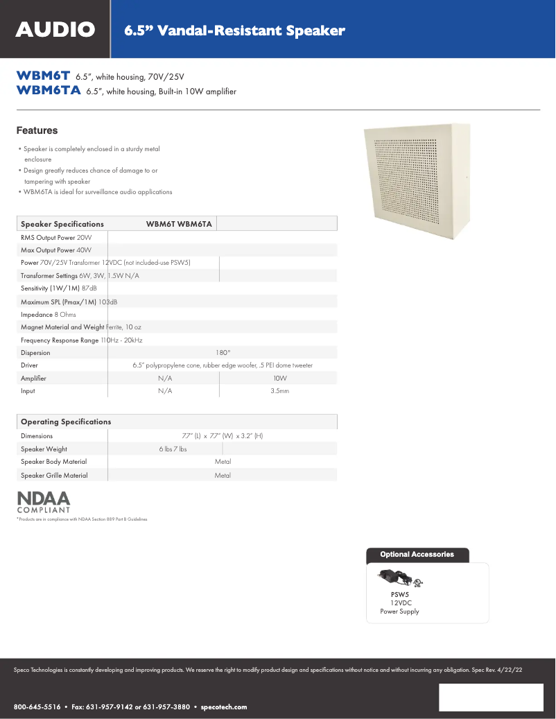 Page 1 de la notice Fiche technique Speco Technologies WBM6T