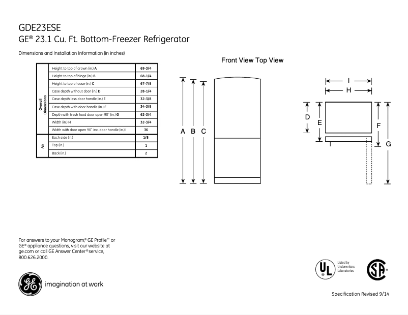 Page 1 de la notice Fiche technique GE GDE23ESESS
