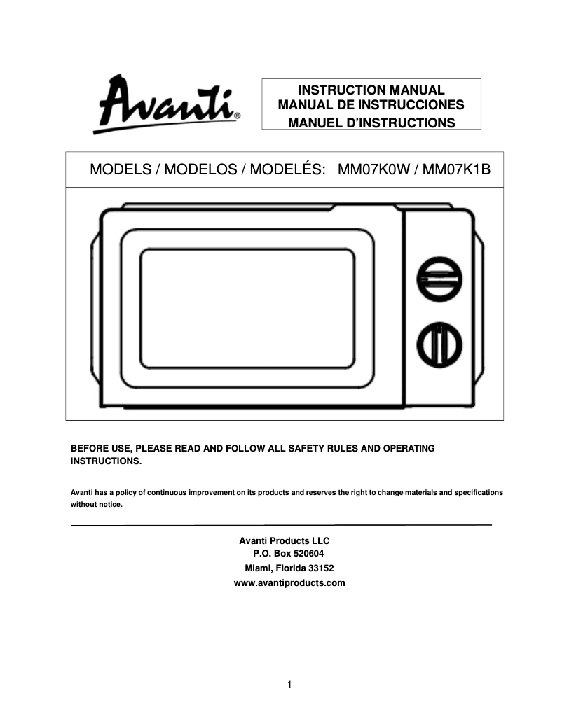 Page 1 de la notice Manuel utilisateur Avanti MM07K1B
