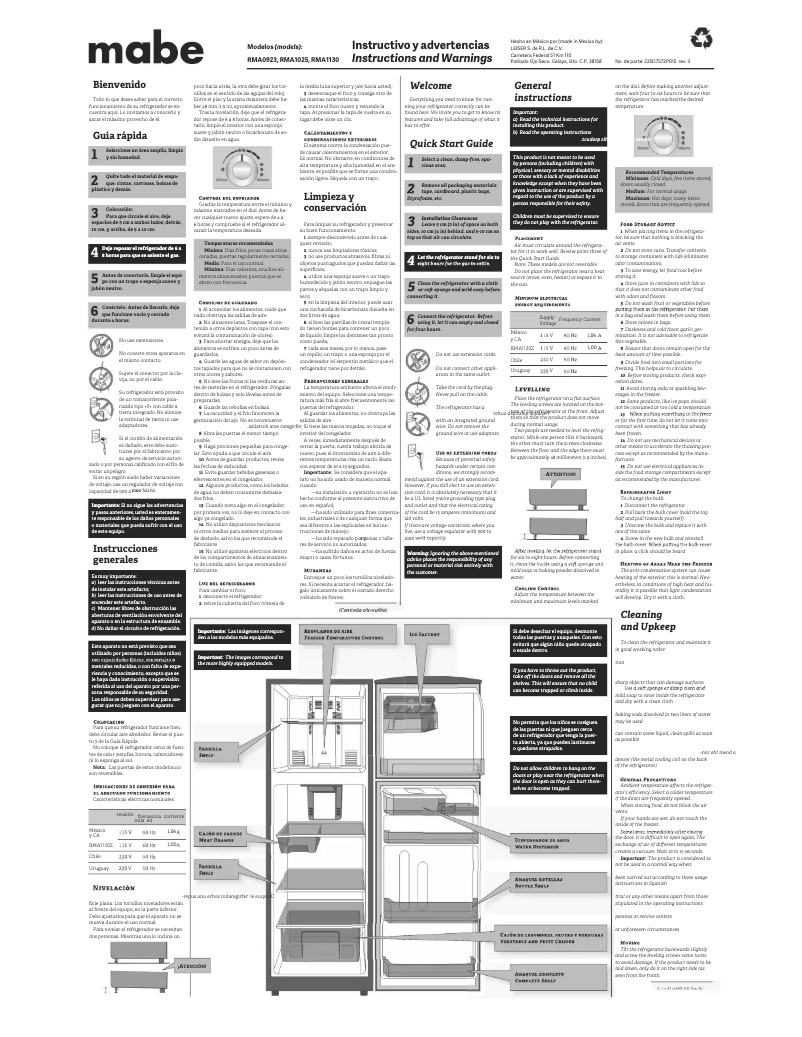 Page 1 de la notice Manuel utilisateur Mabe RMA1025VMXE0