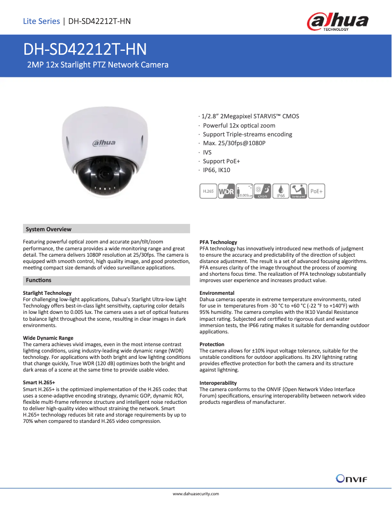 Page 1 de la notice Fiche technique Dahua Technology SD42212T-HN