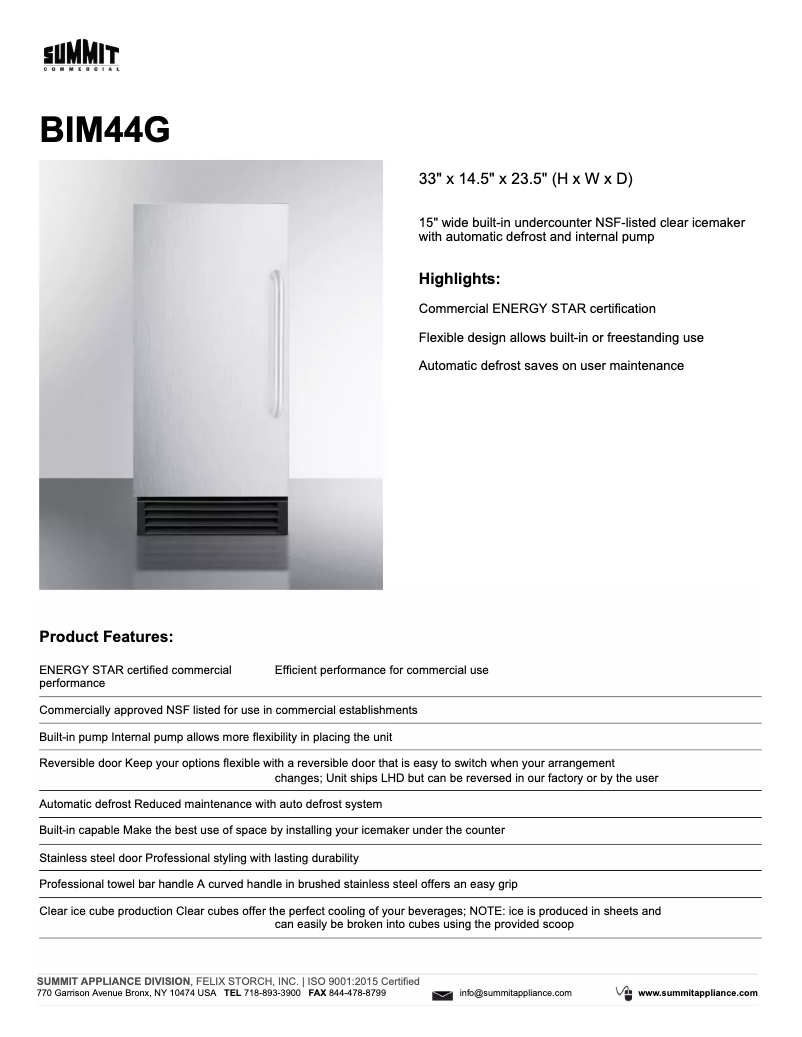 Page 1 de la notice Fiche technique Summit BIM44G