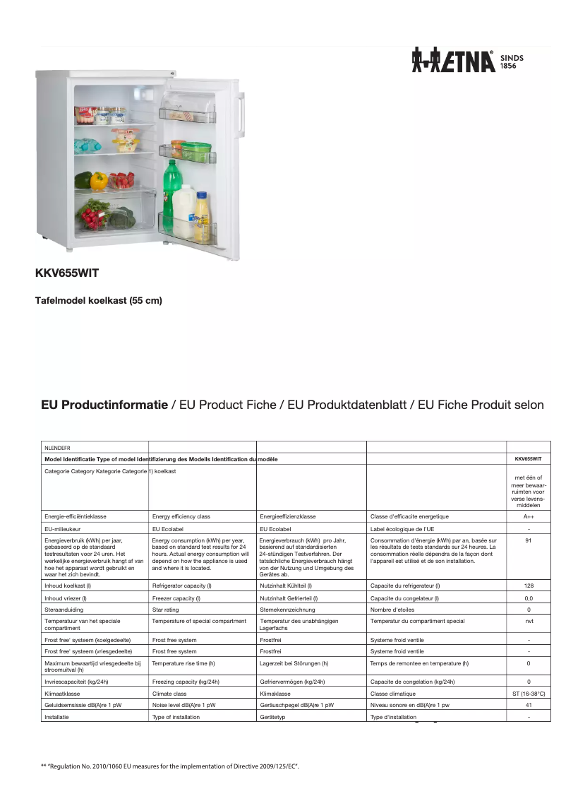 Page 1 de la notice Fiche technique Etna KKV655WIT
