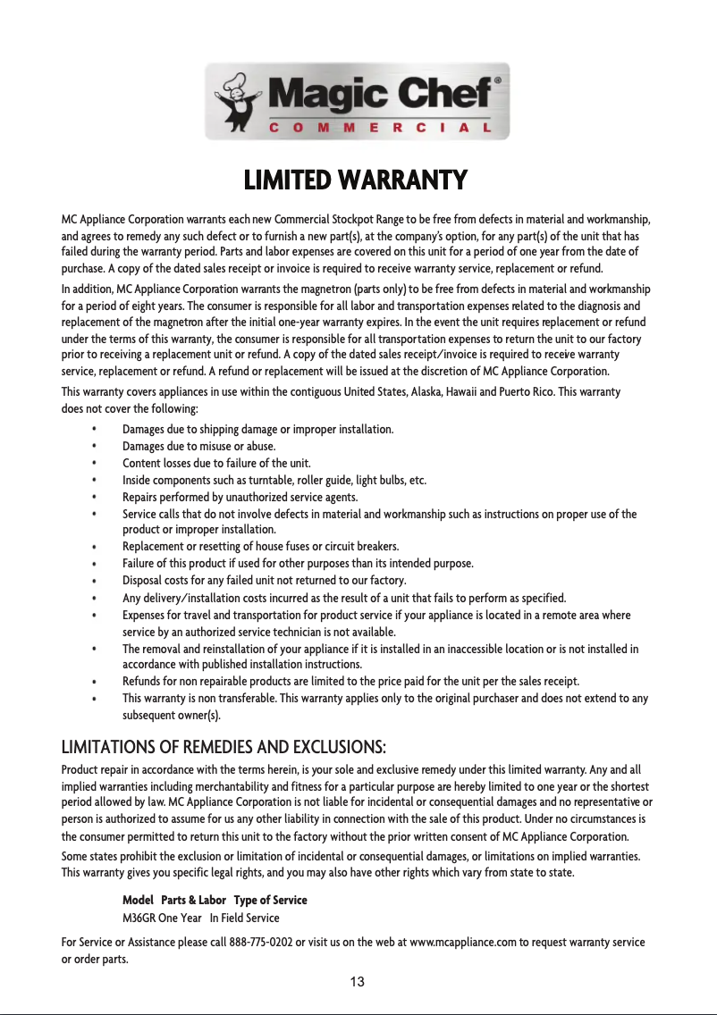 Page 1 de la notice Informations de garantie Magic Chef M36GR