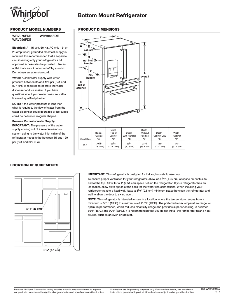 Page 1 de la notice Fiche technique Whirlpool WRV976FDE