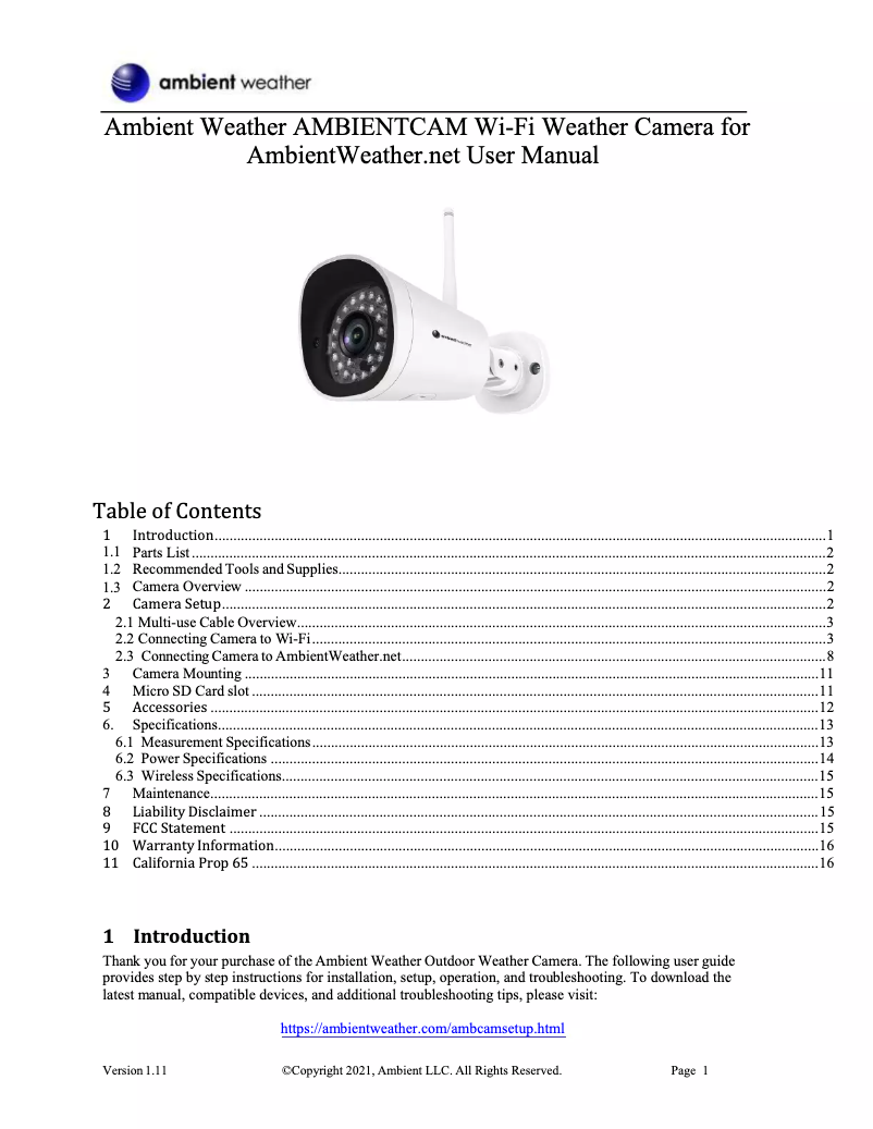 Page 1 de la notice Manuel utilisateur Ambient Weather WC-FMWAC2K
