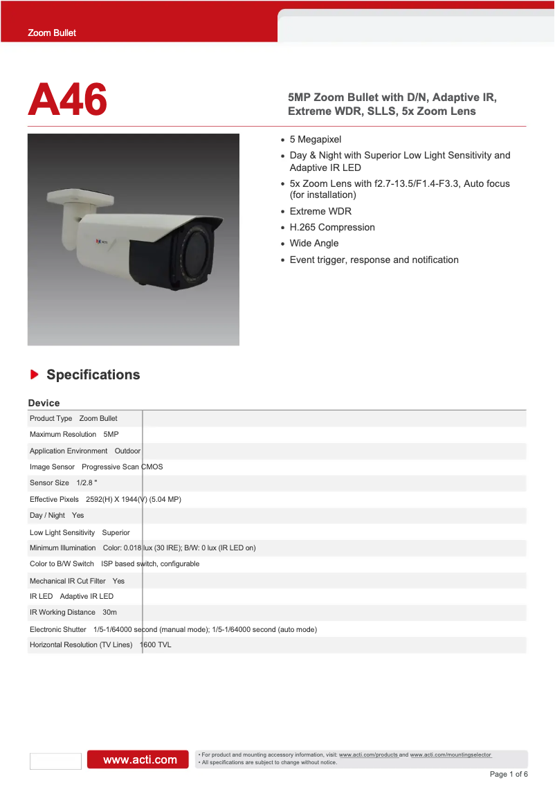Page 1 de la notice Fiche technique ACTi A46