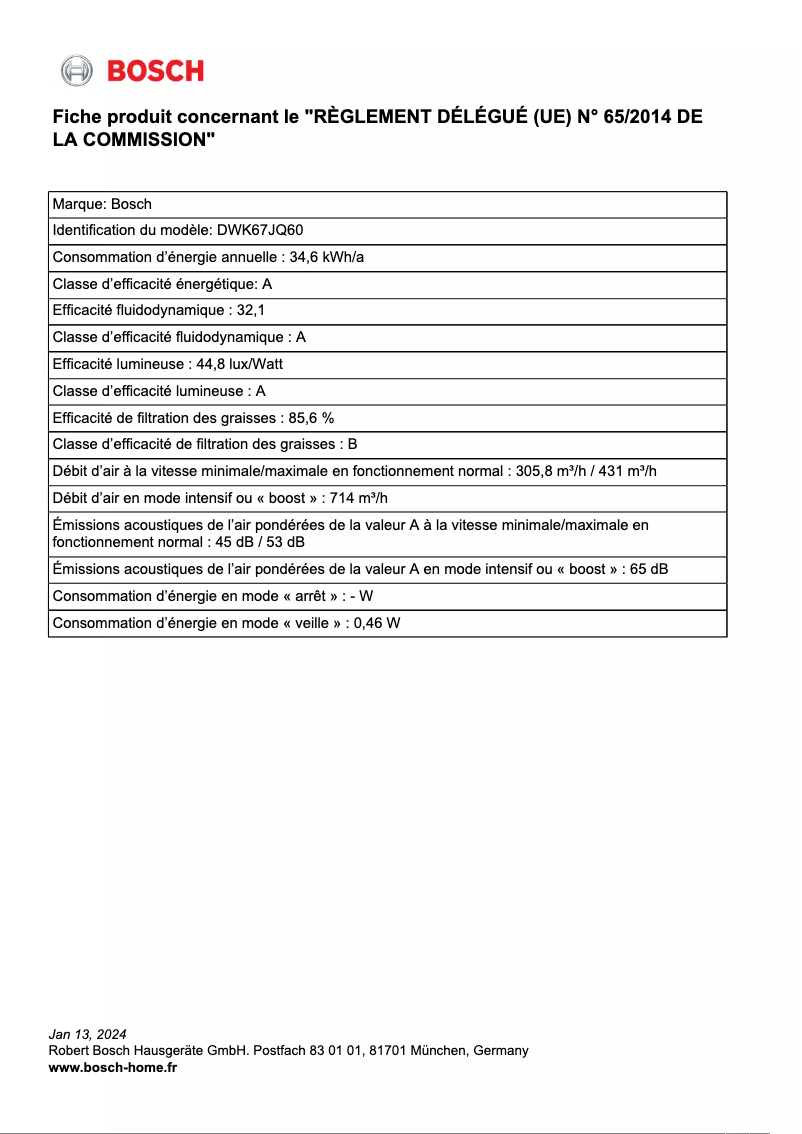 Página 1 del manual Ficha técnica Bosch Serie 6 DWK67JQ60