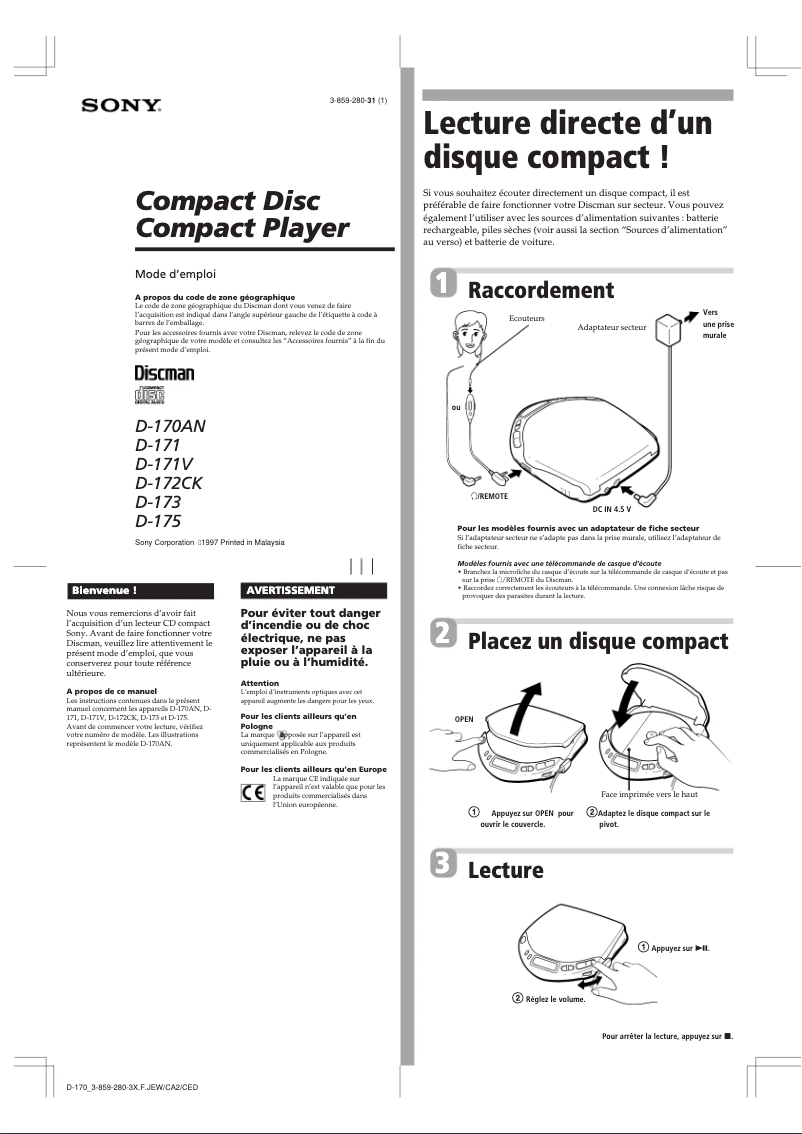 Page 1 de la notice Manuel utilisateur Sony D-172CK