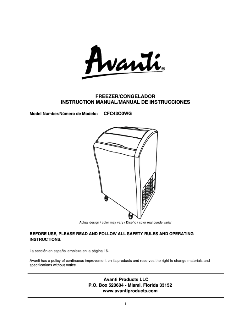 Page 1 de la notice Manuel utilisateur Avanti CFC436Q0WG