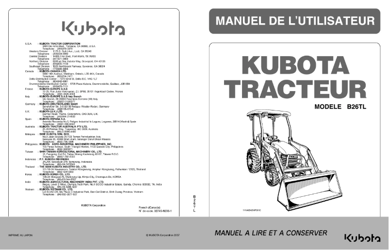 Page 1 de la notice Manuel utilisateur Kubota B26