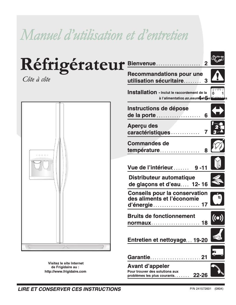 Page 1 de la notice Manuel utilisateur Frigidaire GLRS267ZDW