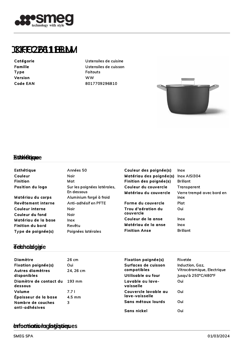 Page 1 de la notice Fiche technique Smeg CKFC2611BLM