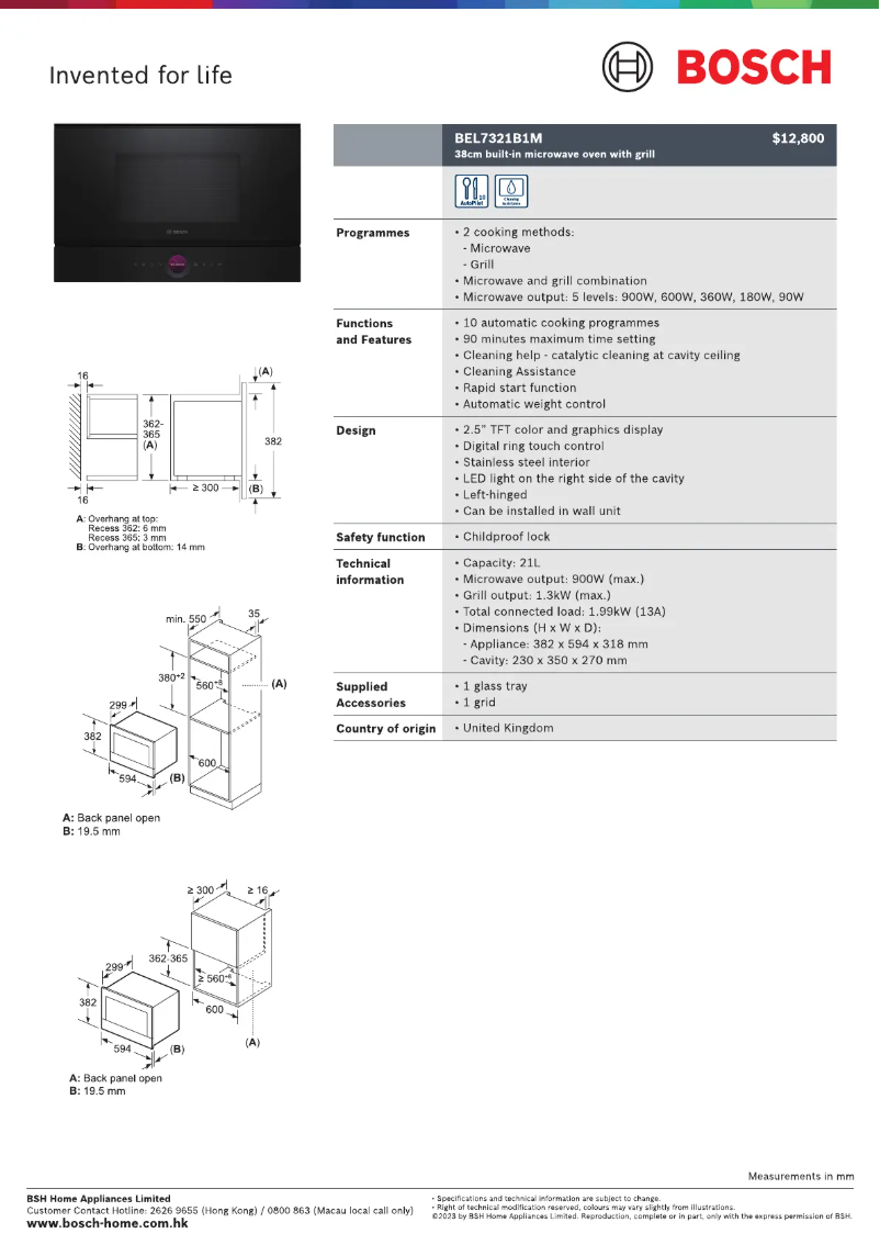 Page 1 de la notice Fiche technique Bosch BEL7321B1M