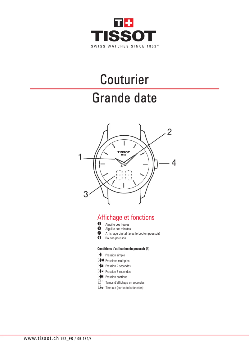 Page 1 de la notice Manuel utilisateur Tissot Couturier Secret Date Gent