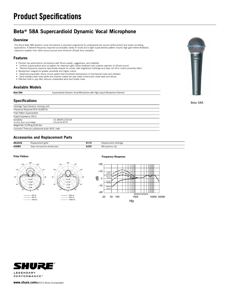 Page 1 de la notice Fiche technique Shure Beta 58A