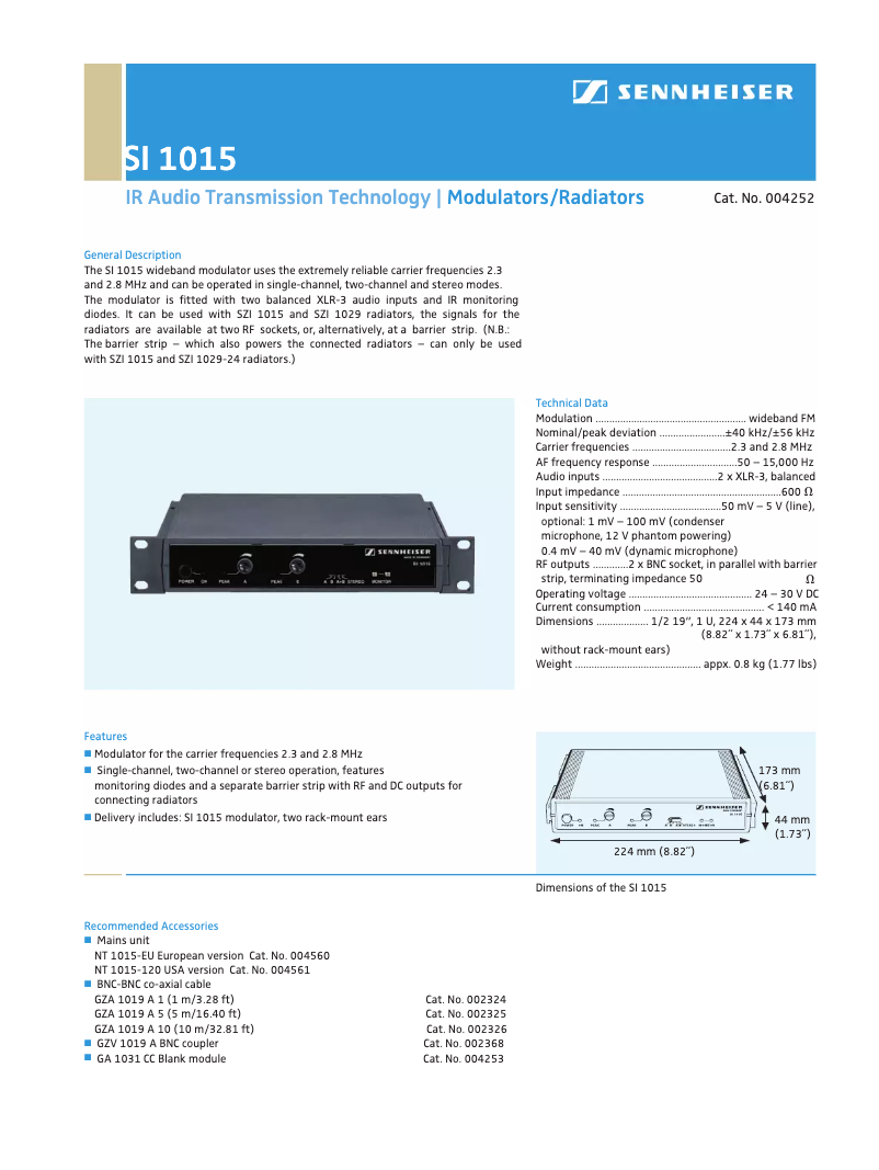 Page 1 de la notice Fiche technique Sennheiser SI 1015