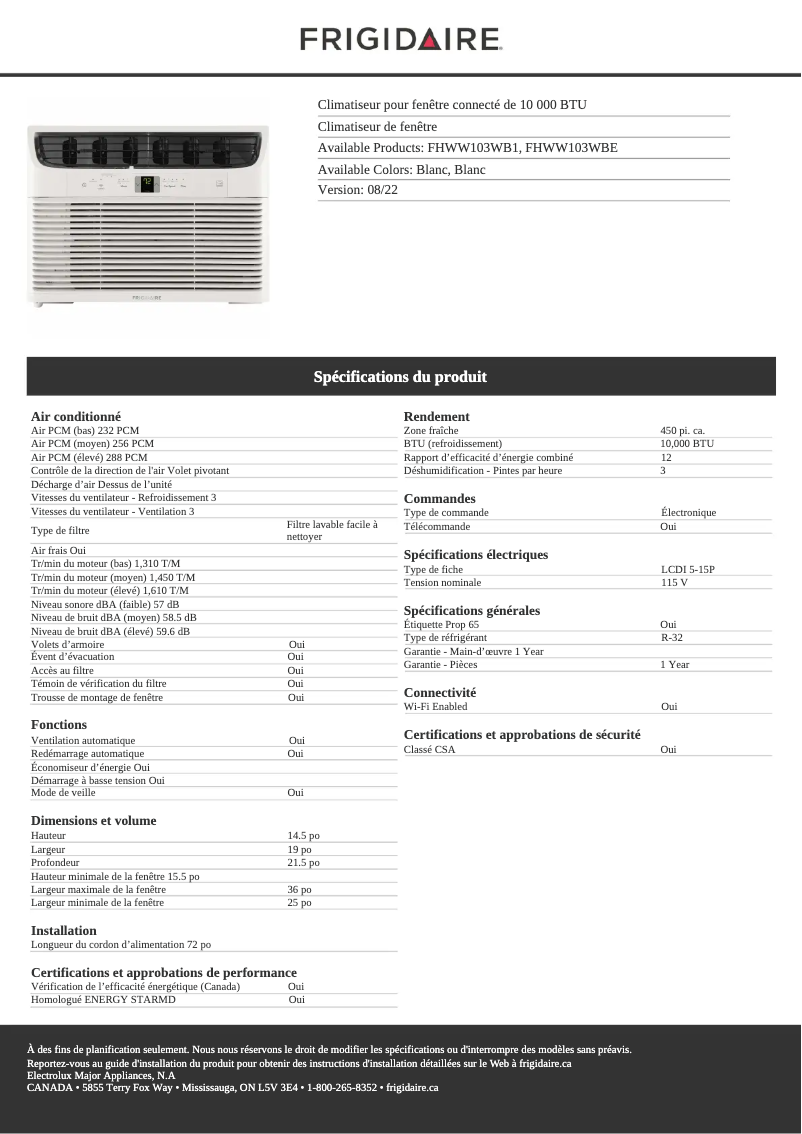 Página 1 del manual Ficha técnica Frigidaire FHWW103WBE