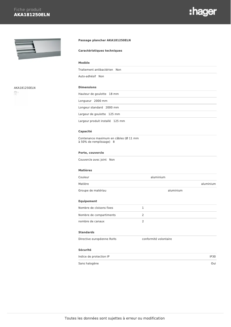Page 1 of the manual User Manual Hager AKA181250ELN