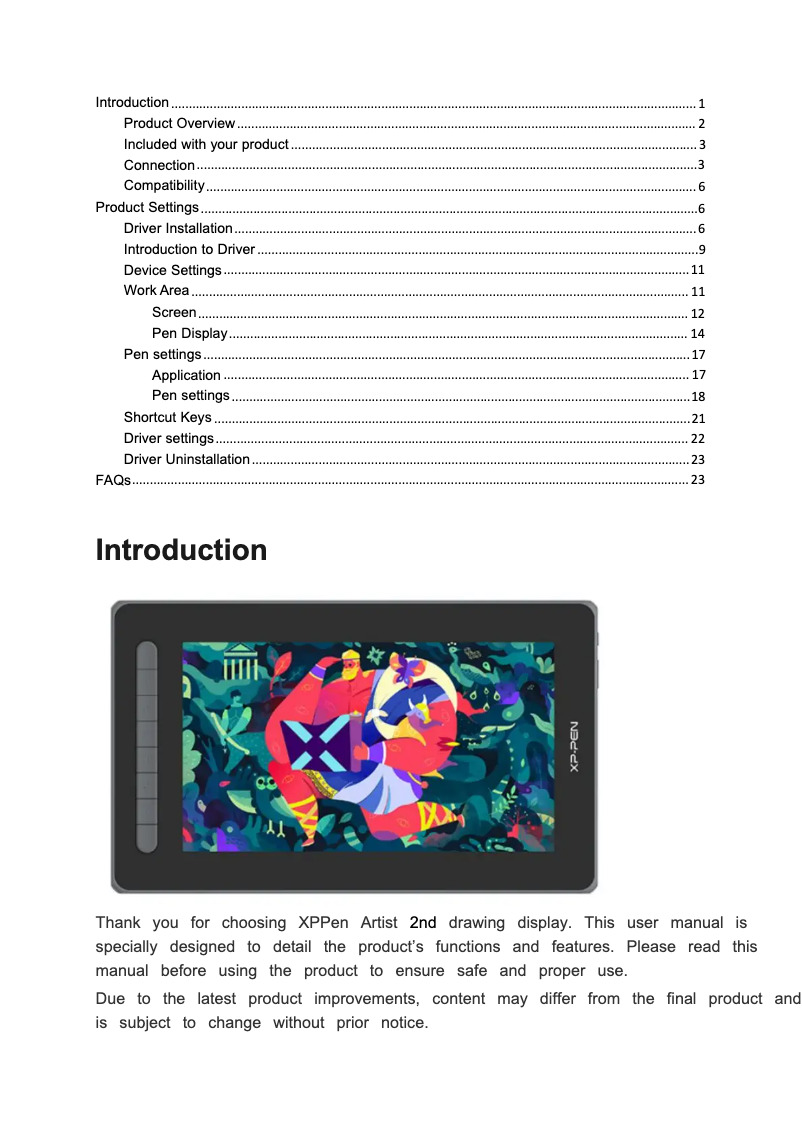 Page 1 of the manual User Manual XP-PEN Artist 10 (2nd Generation)