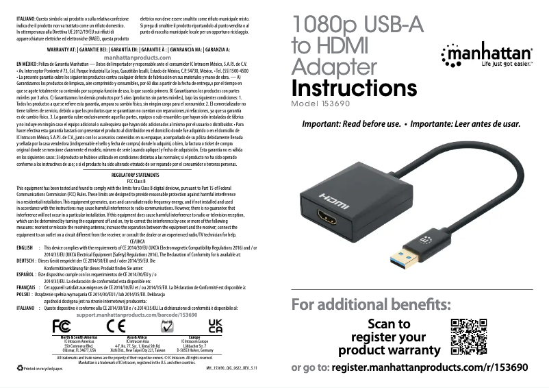 Page 1 de la notice Manuel utilisateur Manhattan 153690