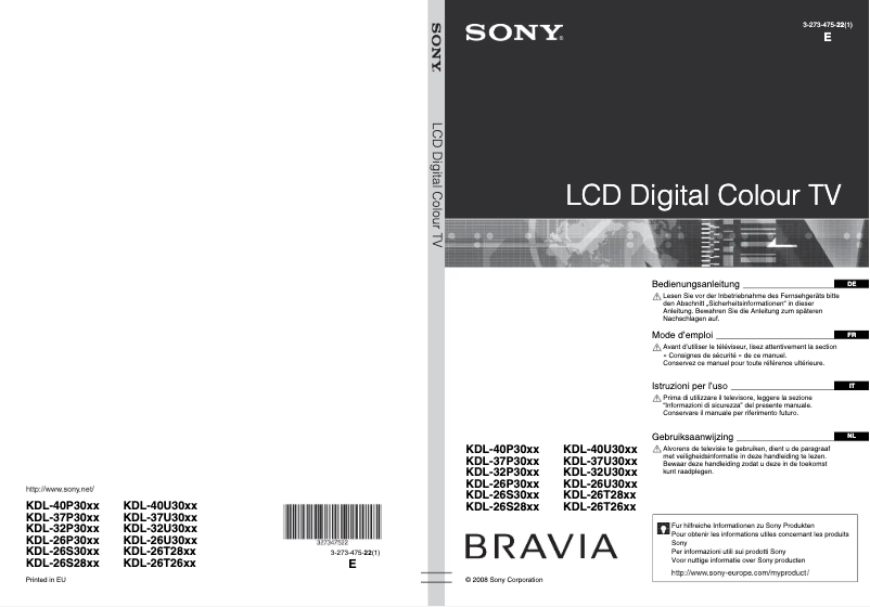 Page 1 de la notice Manuel utilisateur Sony Bravia KDL-32U3000E