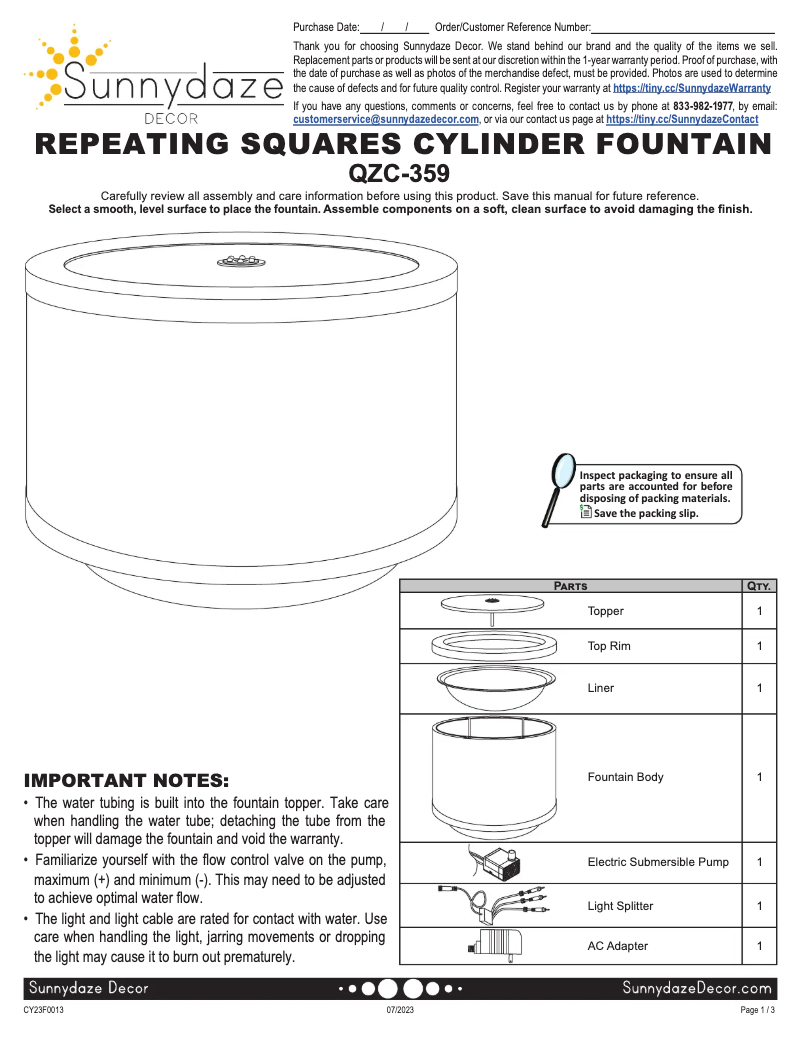 Page 1 de la notice Manuel utilisateur Sunnydaze Decor QZC-359