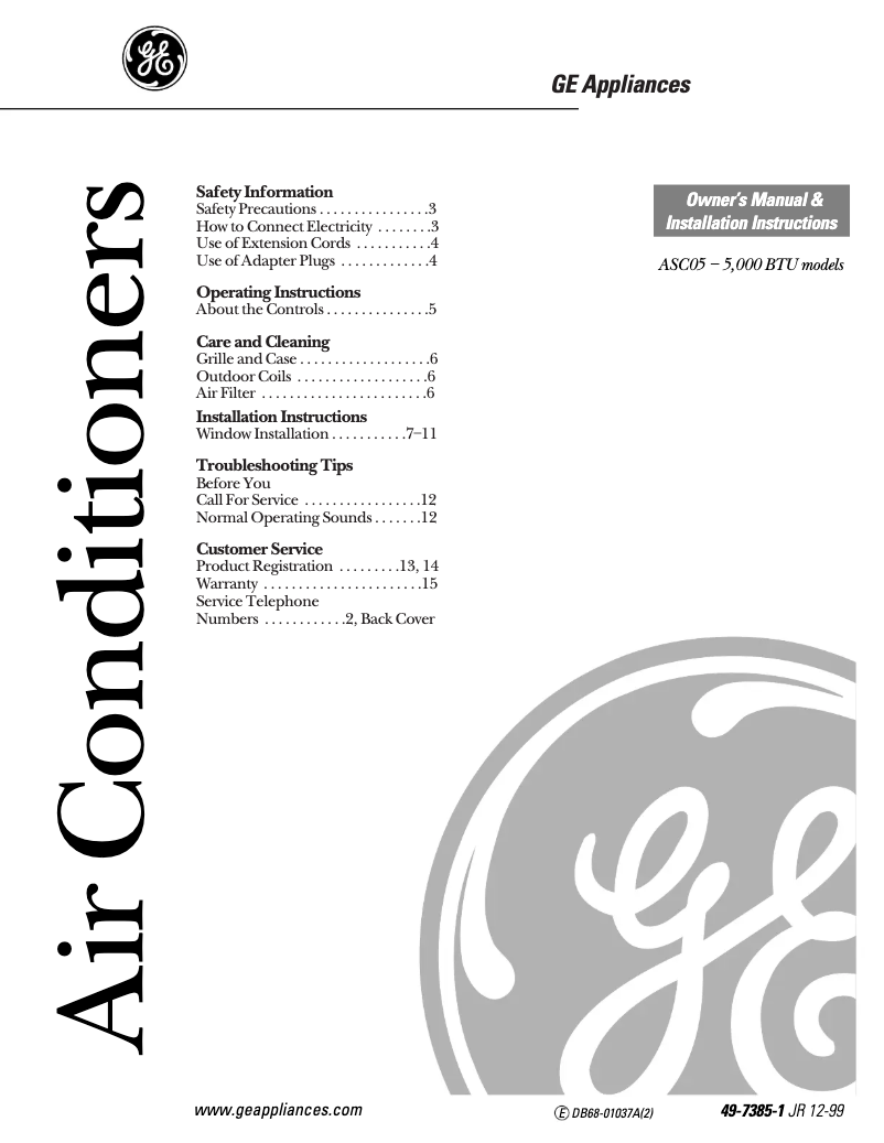 Page 1 de la notice Manuel d'utilisation et d'entretien GE ASC05LA