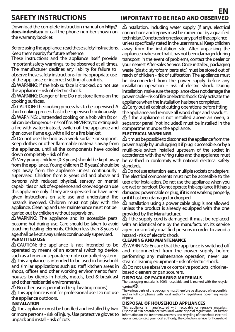 Page 1 de la notice Manuel d'utilisation et d'entretien Indesit RI 261 X