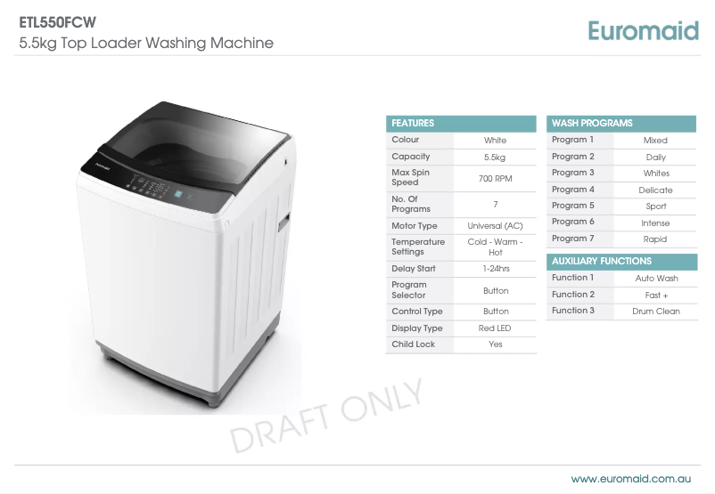 Page 1 de la notice Fiche technique Euromaid ETL550FCW