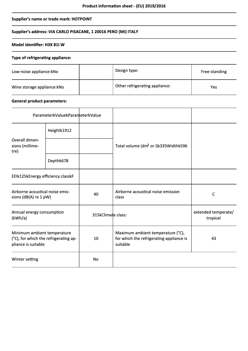 Página 1 del manual Ficha técnica Hotpoint H3X 81I W
