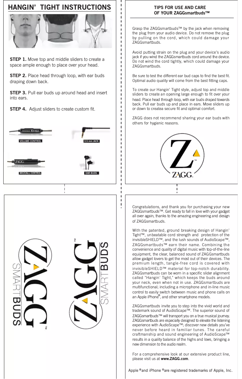 Page 1 de la notice Manuel utilisateur Zagg Smartbuds