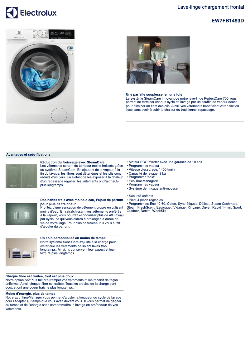 Page 1 de la notice Fiche technique Electrolux EW7FB1493D